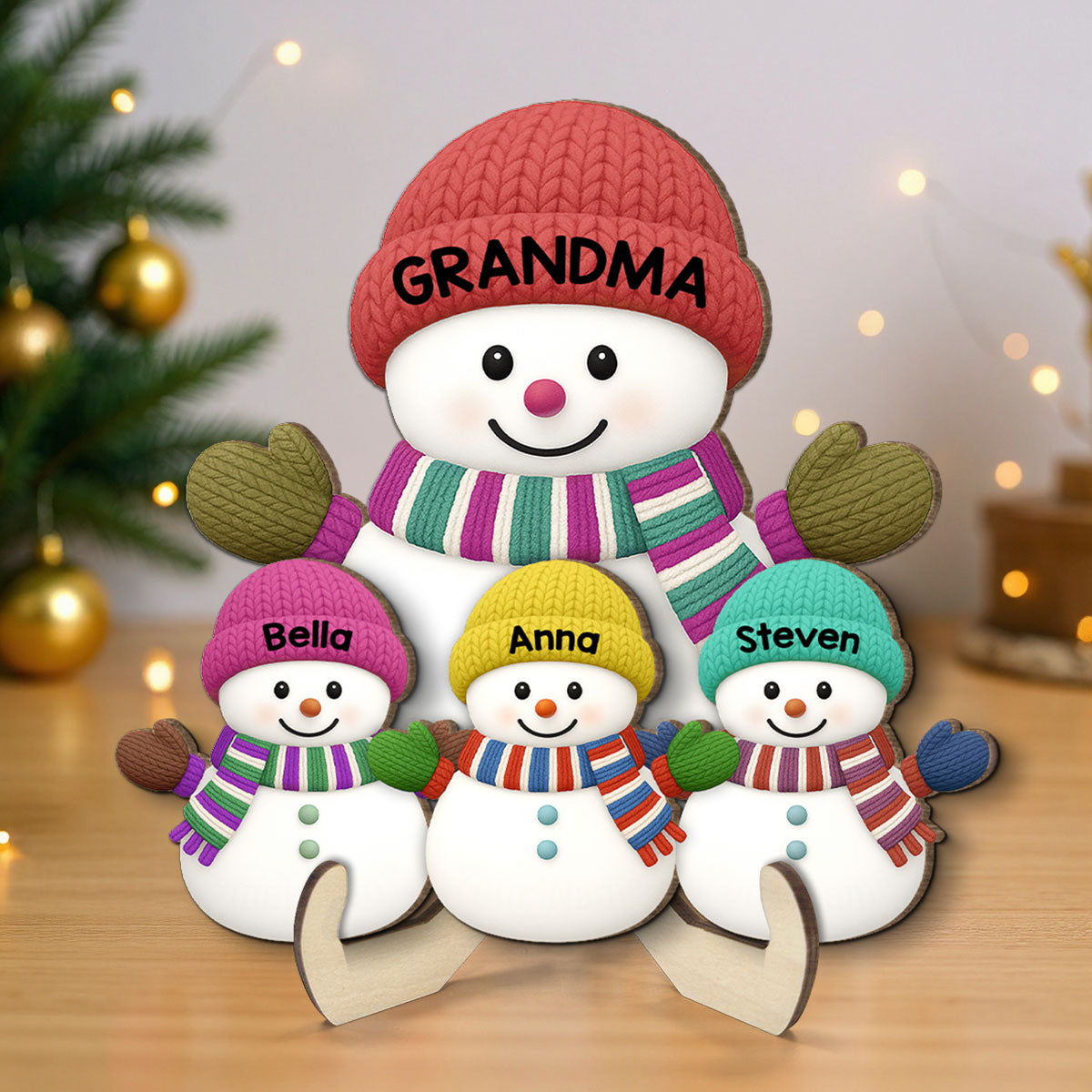 Christmas Grandma Grandkids Snowman Together - Personalized 2-Layered Wooden Plaque - Gift For Grandmas