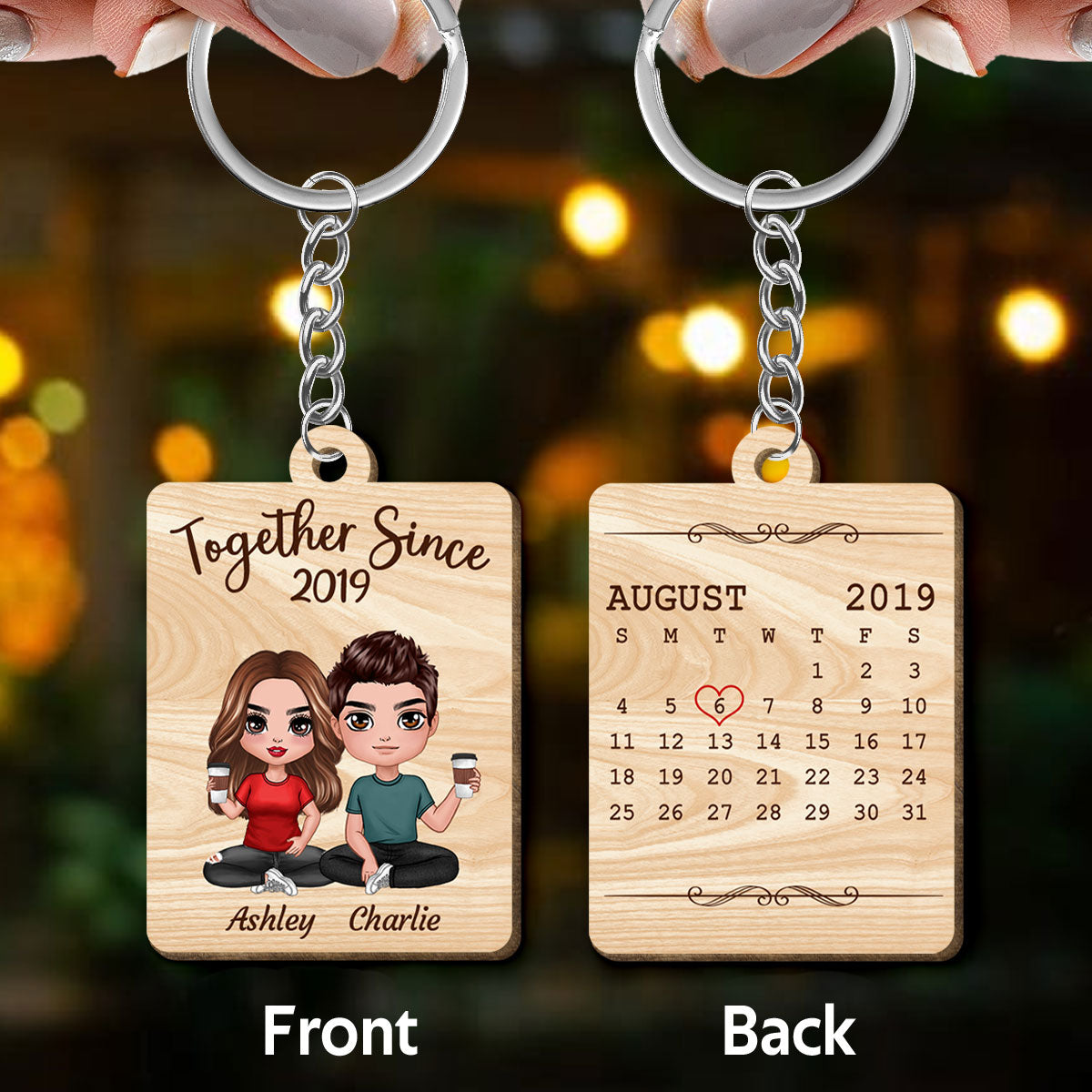 Doll Couple Sitting Anniversary Date Calendar Personalized Wooden Keychain