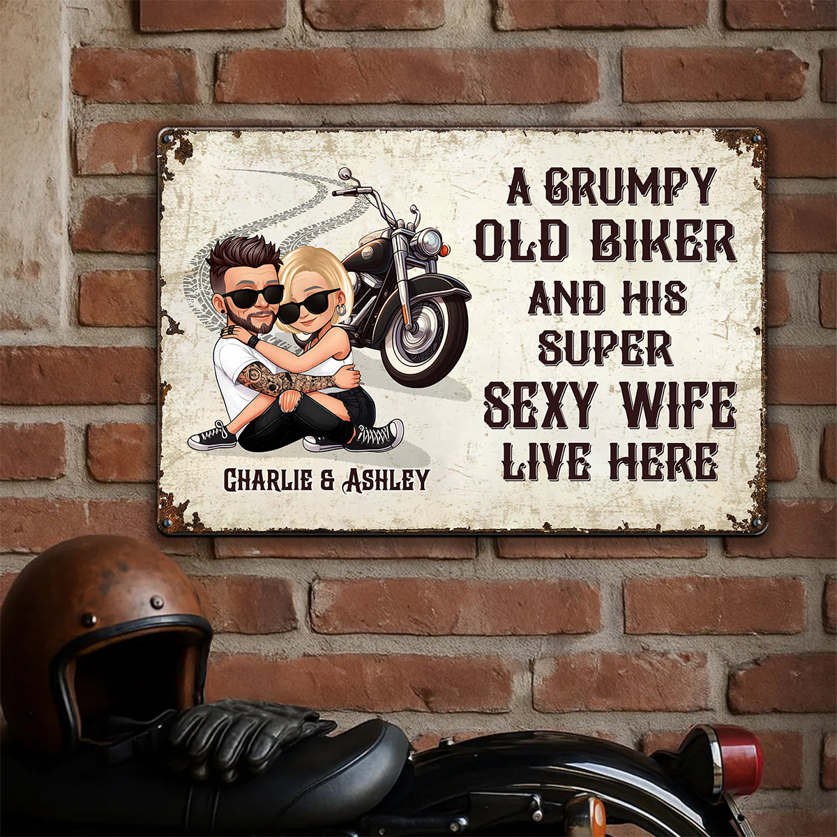An Old Grumpy Biker and His Sexy Wife Live Here Personalized Metal Sign, Gift for Biker Couple