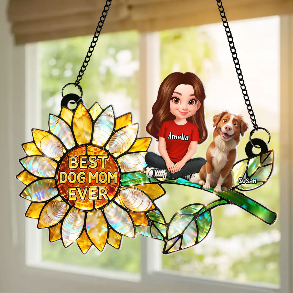 Sunflower Dog Mom and Dogs Sitting - Personalized Window Hanging Suncatcher - Mother's Day Gift for Mom, Wife