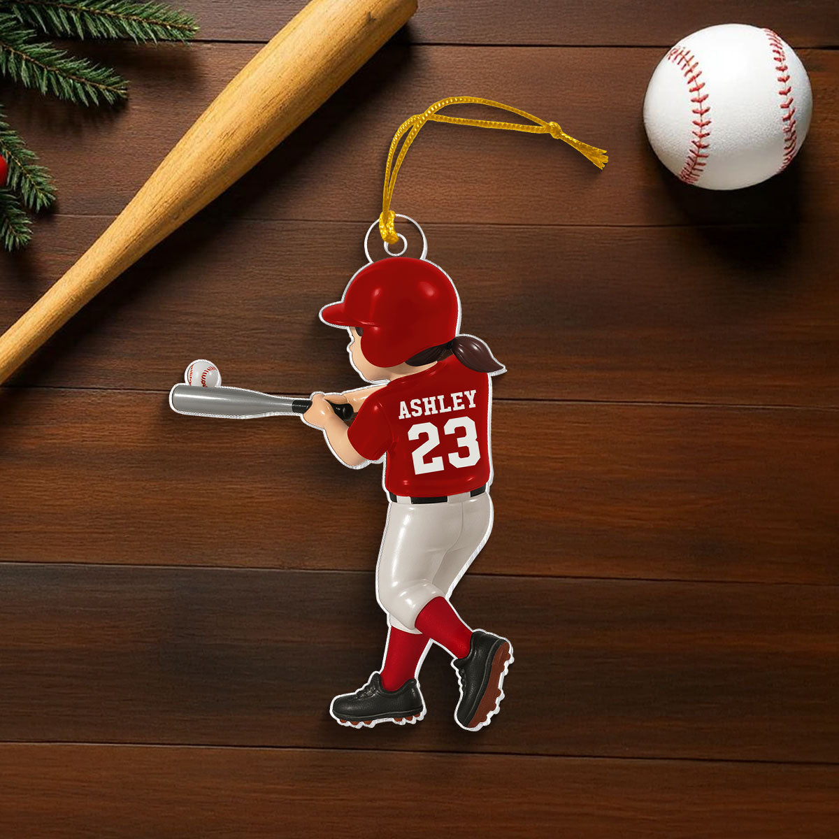 Personalized Baseball Player Ornament, Kid Hitting Ball, 3D Effect Acrylic Ornament
