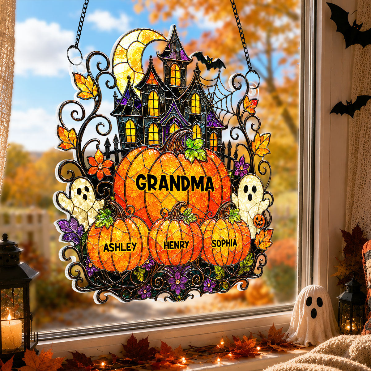 Whimsical Halloween Grandma's Little Pumpkins Haunted House - Personalized Acrylic Window Hanging - Halloween Decoration For Grandma