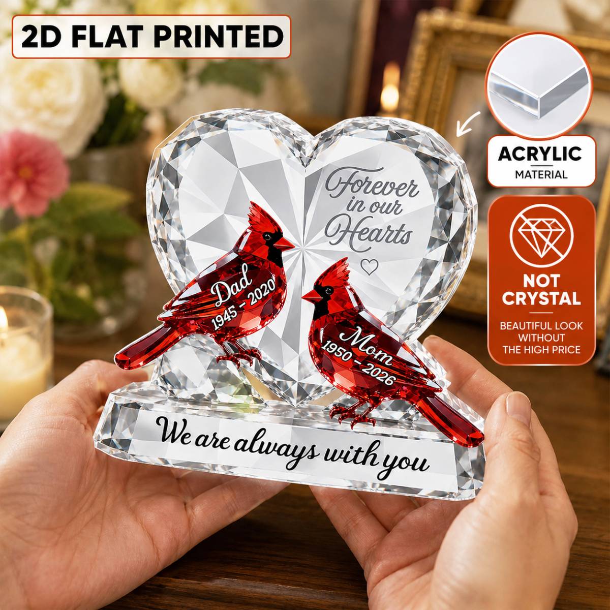 Always With You Cardinals Memorial 2D Flat Printed - Personalized Acrylic Block Plaque (Not Crystal) - Memorial Gift, Sympathy Gift