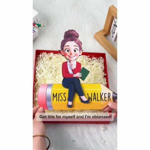 Cute Cartoon Teacher Sitting On Pencil Personalized 2-Layer Wooden Plaque, Gift For Teacher