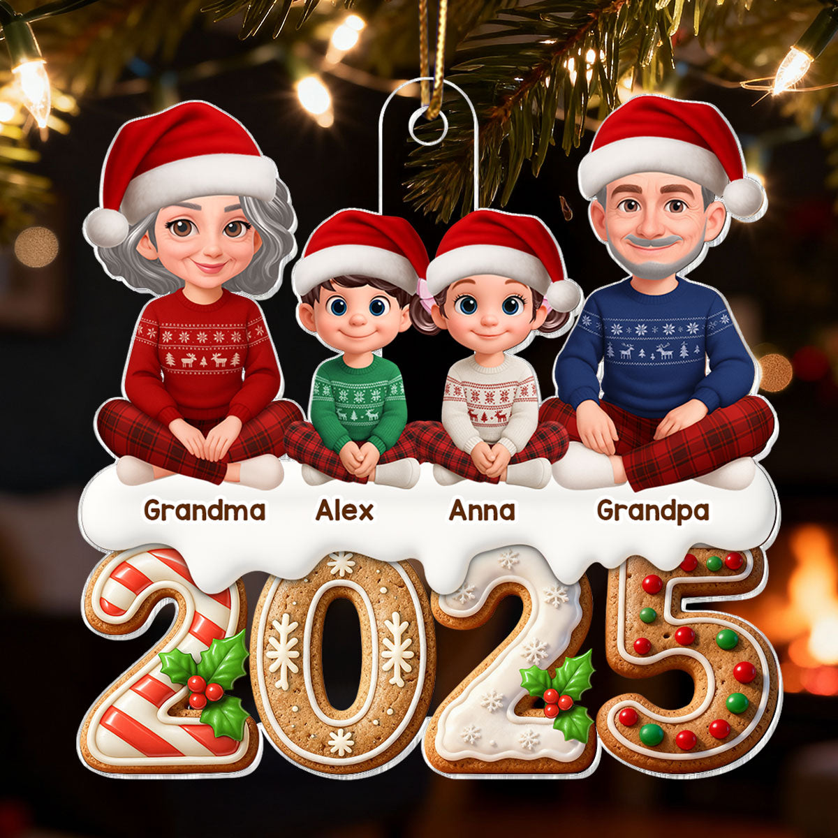 3D Effect Gingerbread Pattern Beautiful Grandma Grandpa Grandkids Together Christmas - Personalized Acrylic Ornament
