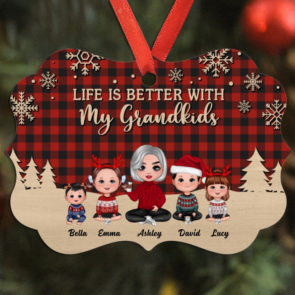 Red Checkered Grandma Grandkids Doll Personalized Christmas Ornament