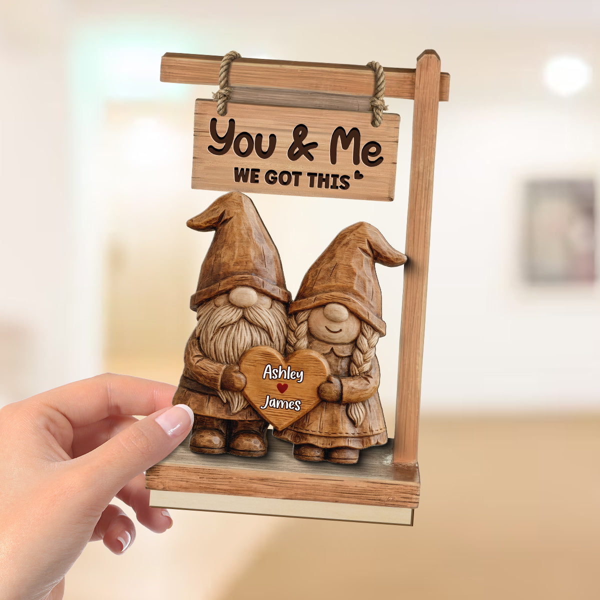 3D Effect Gnome Couple Standing - Personalized 2-Layered Wooden Plaque - Perfect Valentine's Day Gift For Him, Gift For Her
