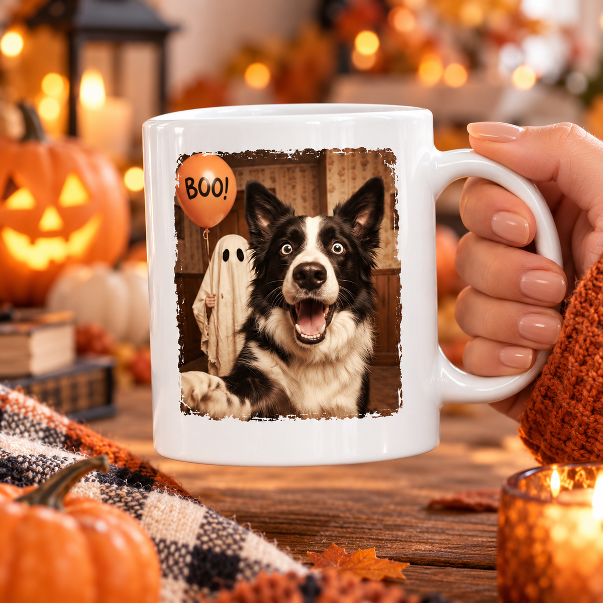 Custom Dog Cat Photo Halloween - Personalized Mug - Trendy Vintage Spooky Tee for Pet Moms