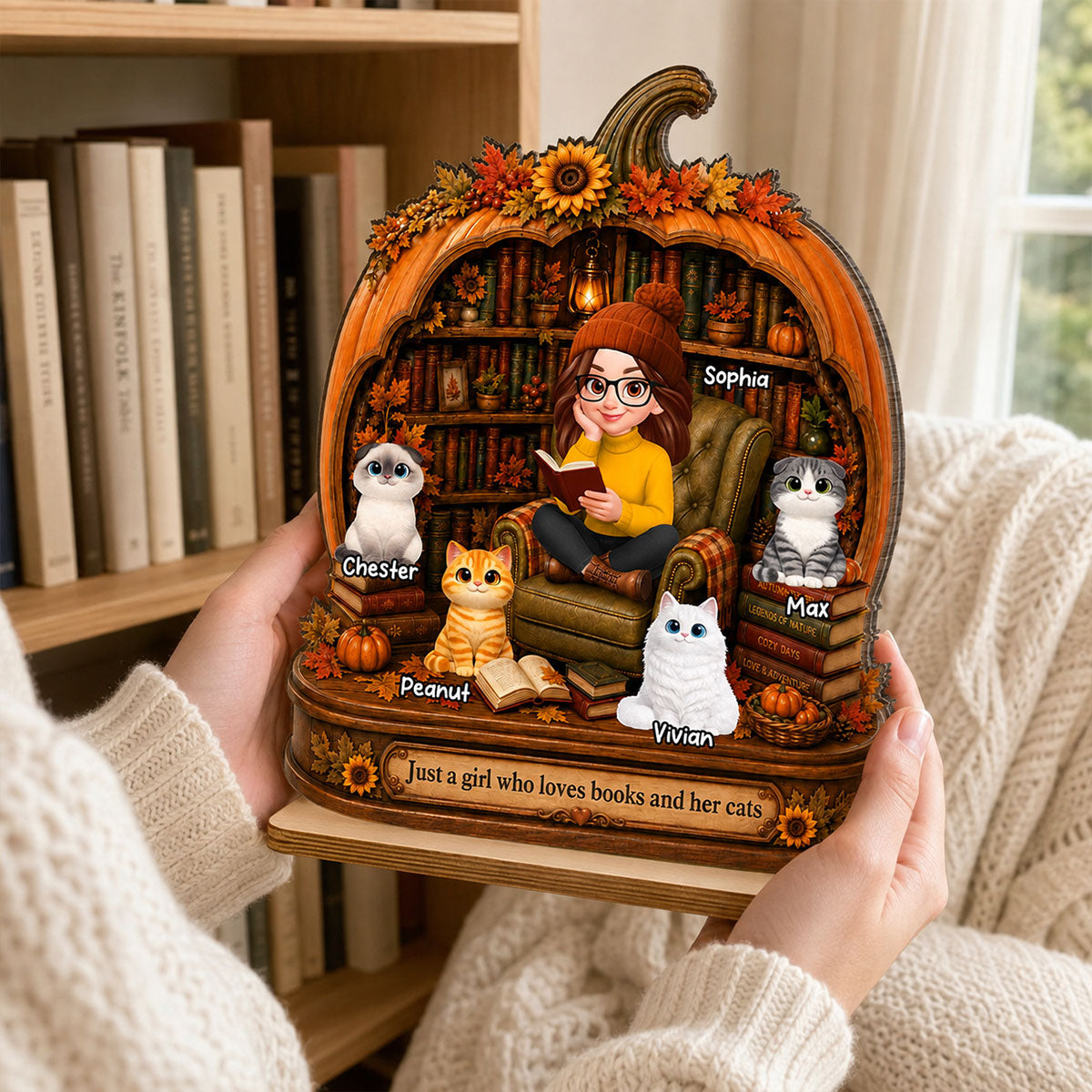 Reading Girl Who Loves Books And Her Cats - Personalized 2-Layered Wooden Plaque - Fall Season Decor Gift, Gift For Book Lovers