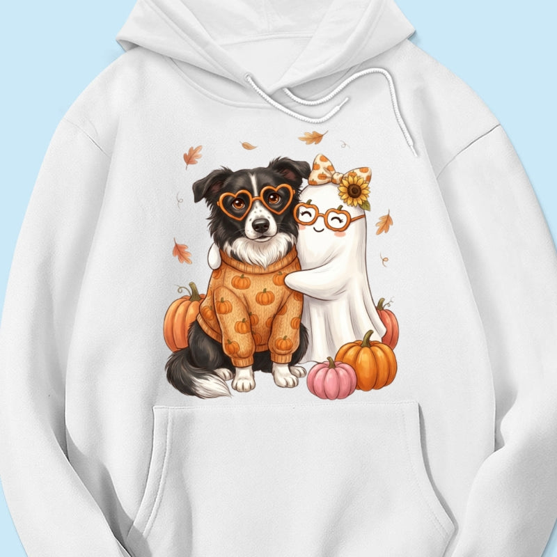 Cute Fall Dog Cat Hugging Ghost - Personalized Shirt - Trendy Fall Tee for Pet Lovers, Dog Mom, Cat Mom