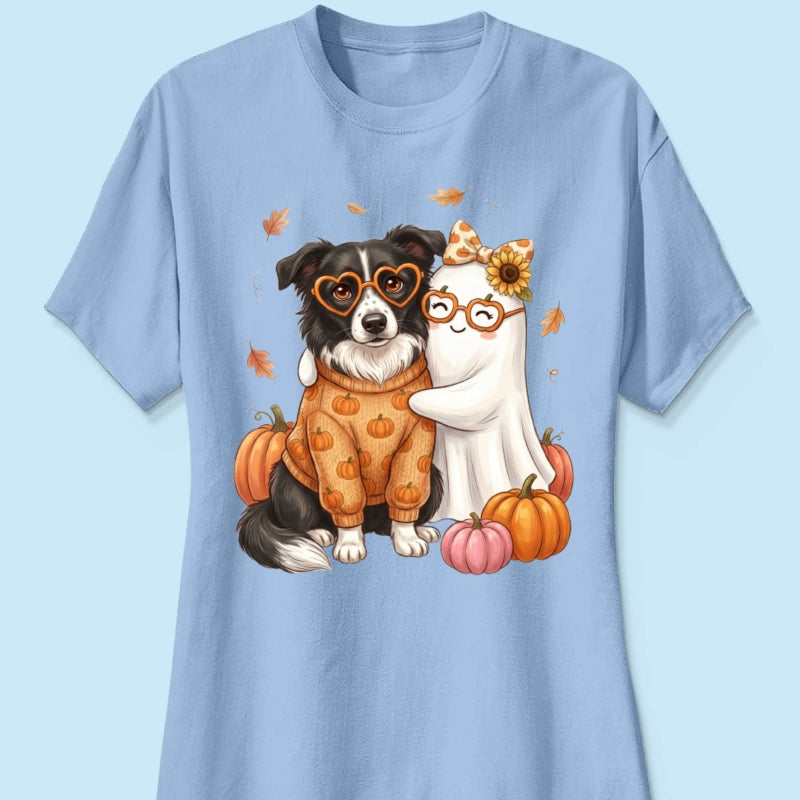 Cute Fall Dog Cat Hugging Ghost - Personalized Shirt - Trendy Fall Tee for Pet Lovers, Dog Mom, Cat Mom