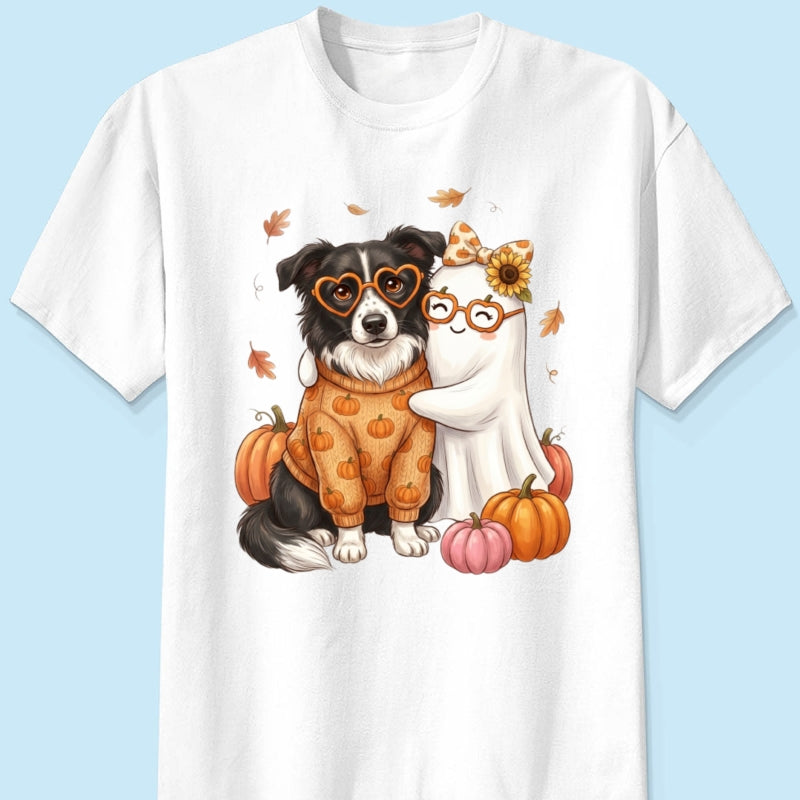 Cute Fall Dog Cat Hugging Ghost - Personalized Shirt - Trendy Fall Tee for Pet Lovers, Dog Mom, Cat Mom