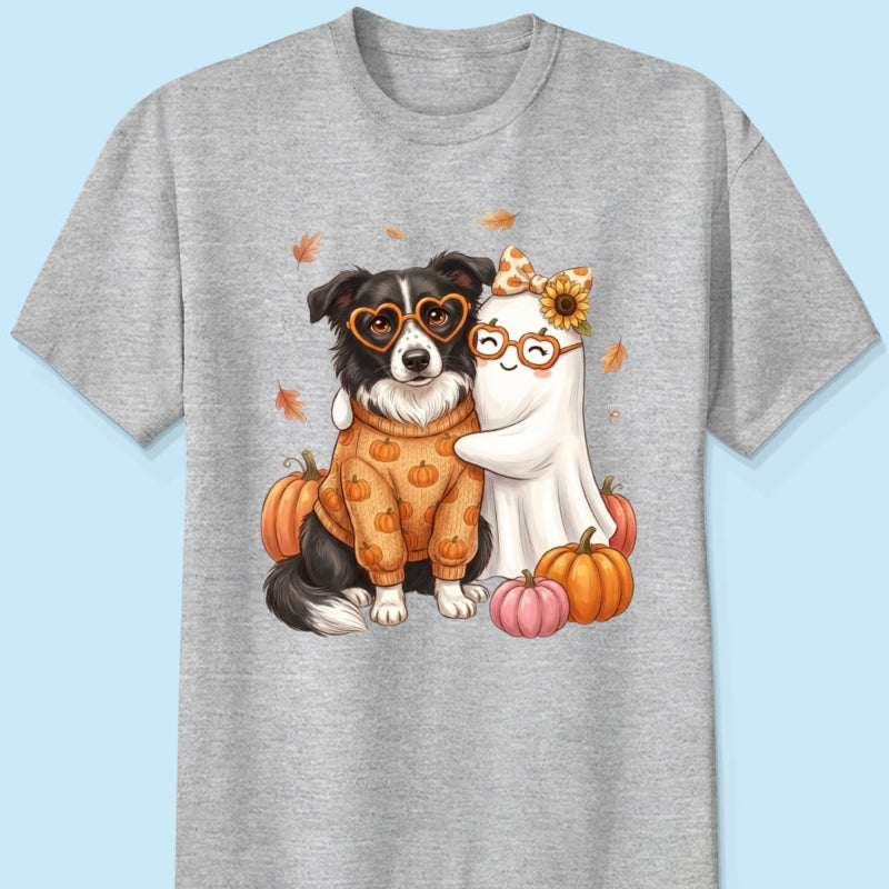 Cute Fall Dog Cat Hugging Ghost - Personalized Shirt - Trendy Fall Tee for Pet Lovers, Dog Mom, Cat Mom
