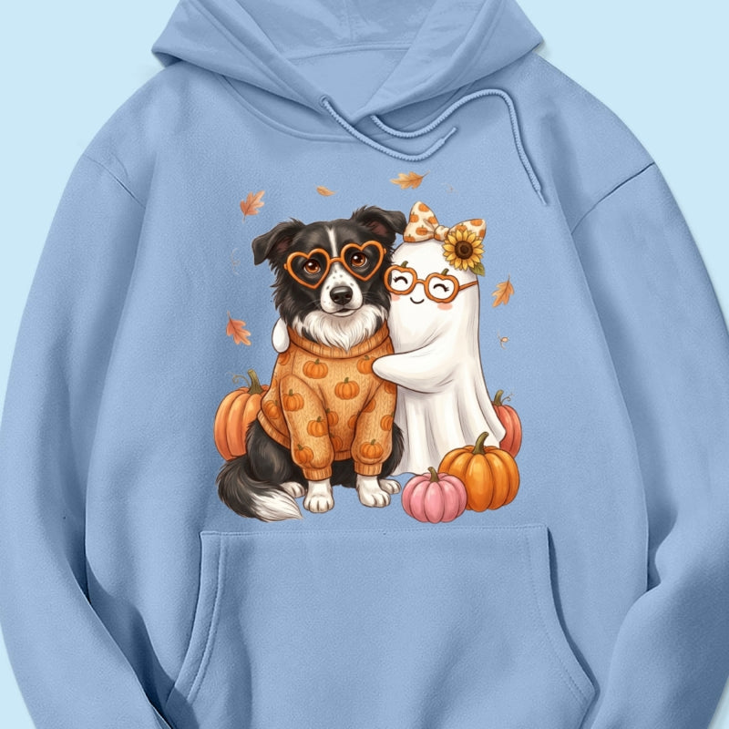 Cute Fall Dog Cat Hugging Ghost - Personalized Shirt - Trendy Fall Tee for Pet Lovers, Dog Mom, Cat Mom