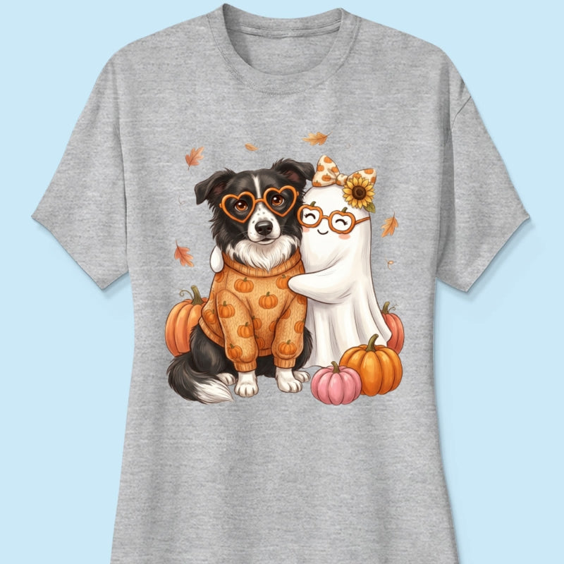 Cute Fall Dog Cat Hugging Ghost - Personalized Shirt - Trendy Fall Tee for Pet Lovers, Dog Mom, Cat Mom
