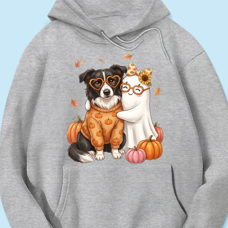Cute Fall Dog Cat Hugging Ghost - Personalized Shirt - Trendy Fall Tee for Pet Lovers, Dog Mom, Cat Mom