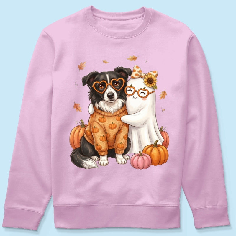 Cute Fall Dog Cat Hugging Ghost - Personalized Shirt - Trendy Fall Tee for Pet Lovers, Dog Mom, Cat Mom