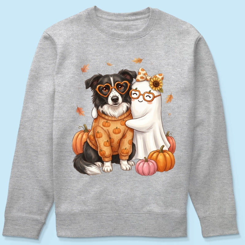 Cute Fall Dog Cat Hugging Ghost - Personalized Shirt - Trendy Fall Tee for Pet Lovers, Dog Mom, Cat Mom