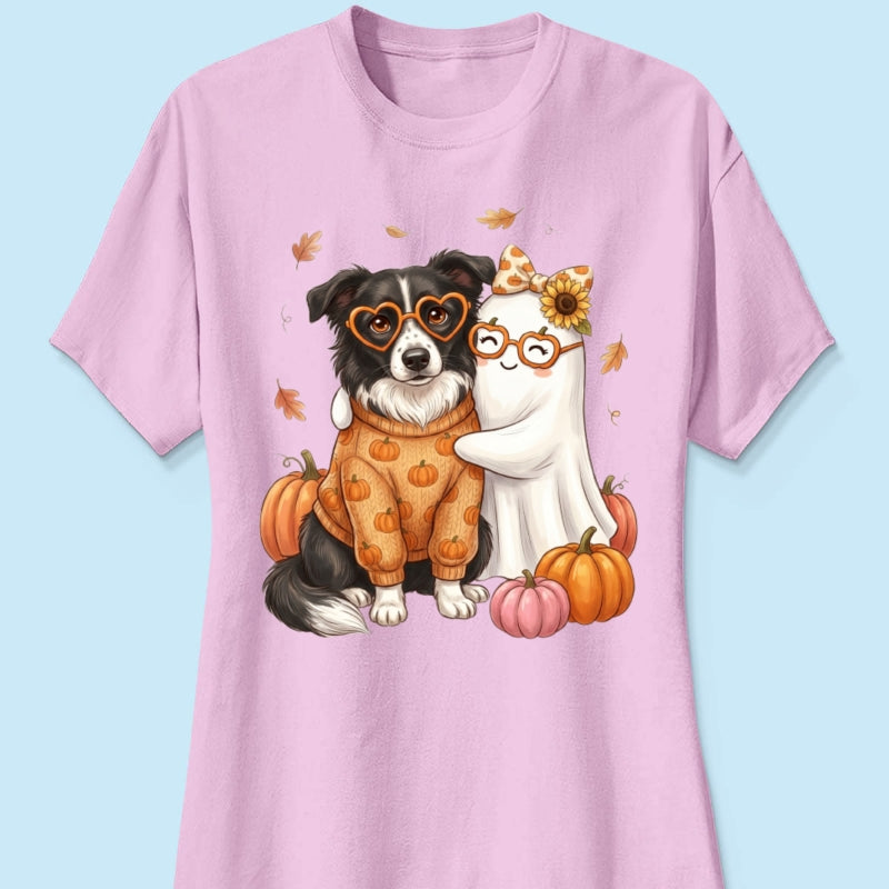 Cute Fall Dog Cat Hugging Ghost - Personalized Shirt - Trendy Fall Tee for Pet Lovers, Dog Mom, Cat Mom