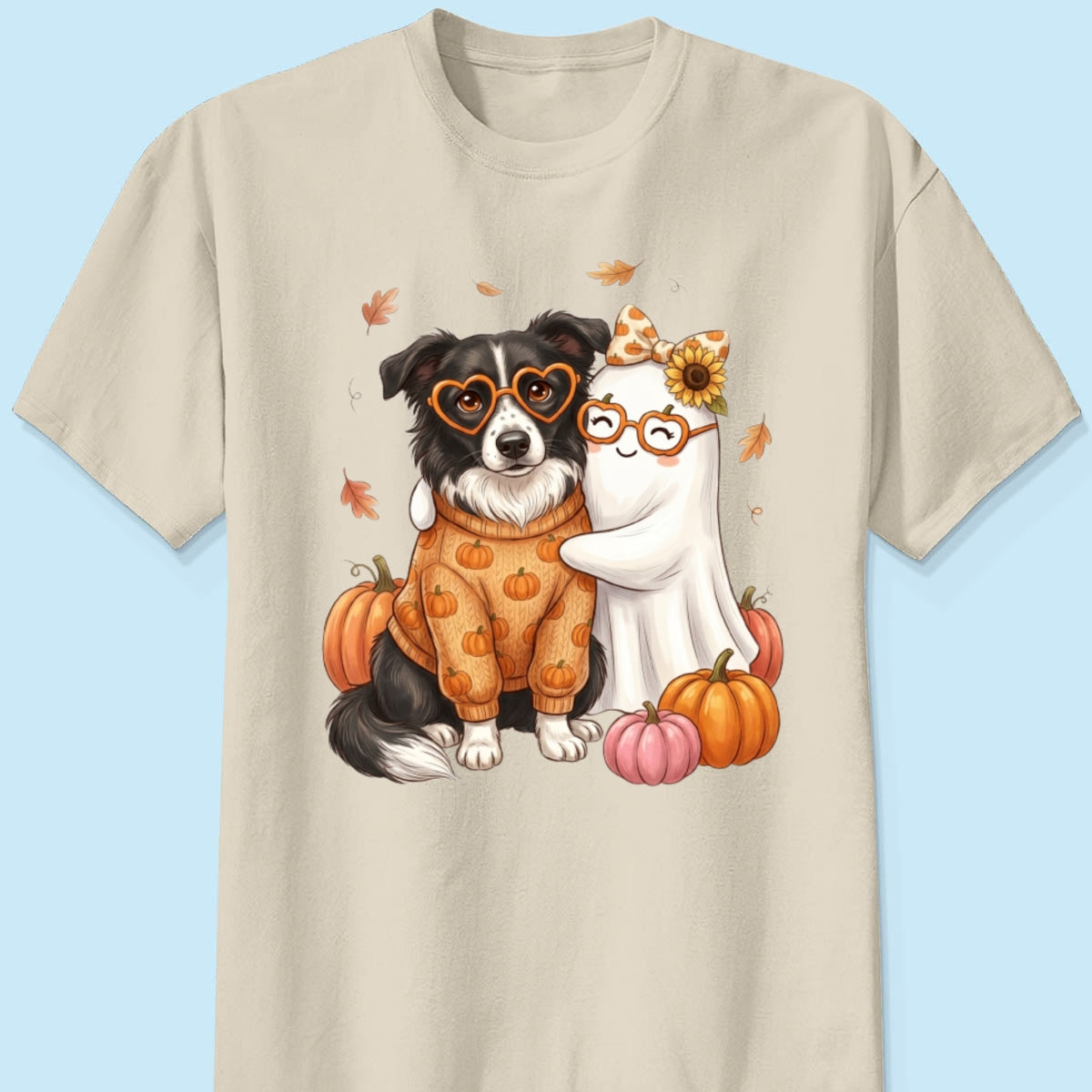 Cute Fall Dog Cat Hugging Ghost - Personalized Shirt - Trendy Fall Tee for Pet Lovers, Dog Mom, Cat Mom