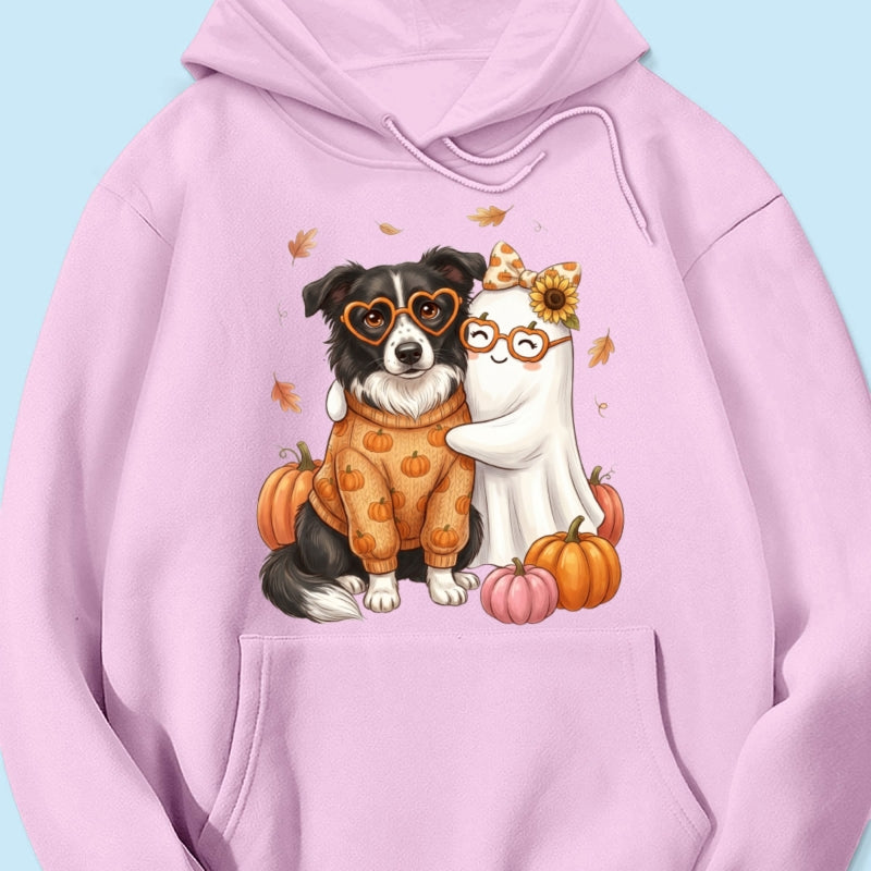 Cute Fall Dog Cat Hugging Ghost - Personalized Shirt - Trendy Fall Tee for Pet Lovers, Dog Mom, Cat Mom