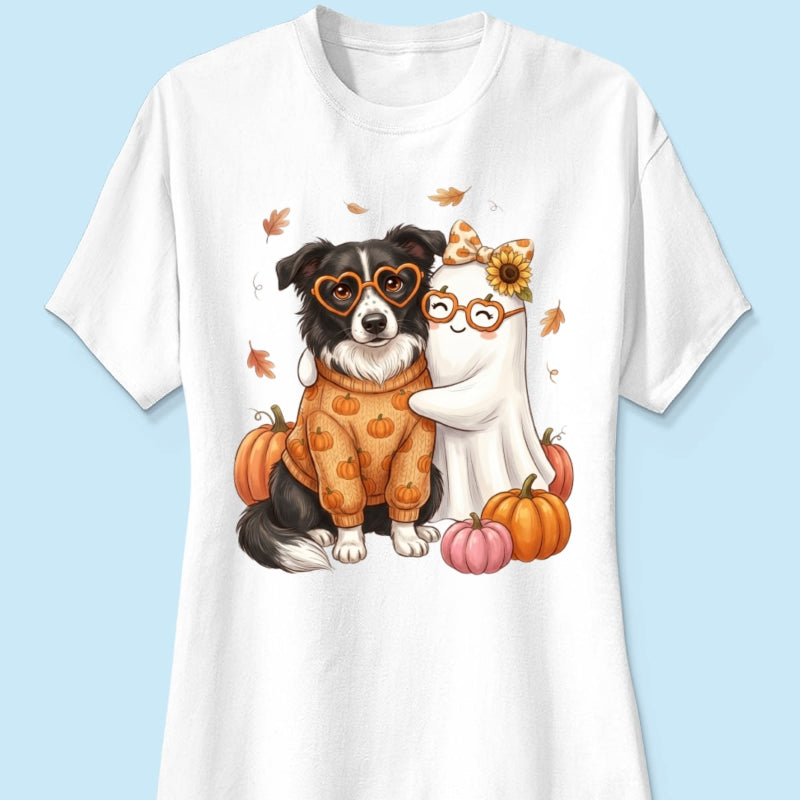 Cute Fall Dog Cat Hugging Ghost - Personalized Shirt - Trendy Fall Tee for Pet Lovers, Dog Mom, Cat Mom