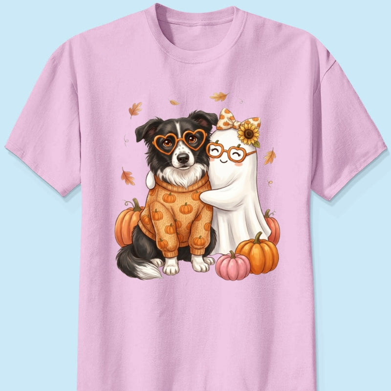 Cute Fall Dog Cat Hugging Ghost - Personalized Shirt - Trendy Fall Tee for Pet Lovers, Dog Mom, Cat Mom