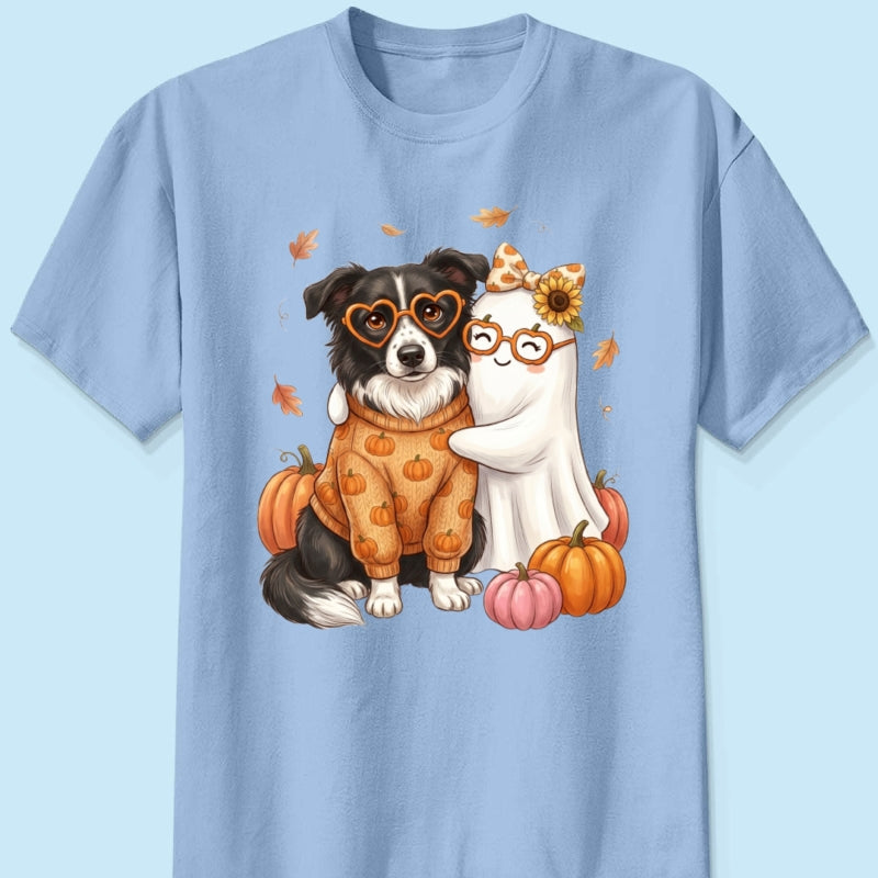 Cute Fall Dog Cat Hugging Ghost - Personalized Shirt - Trendy Fall Tee for Pet Lovers, Dog Mom, Cat Mom