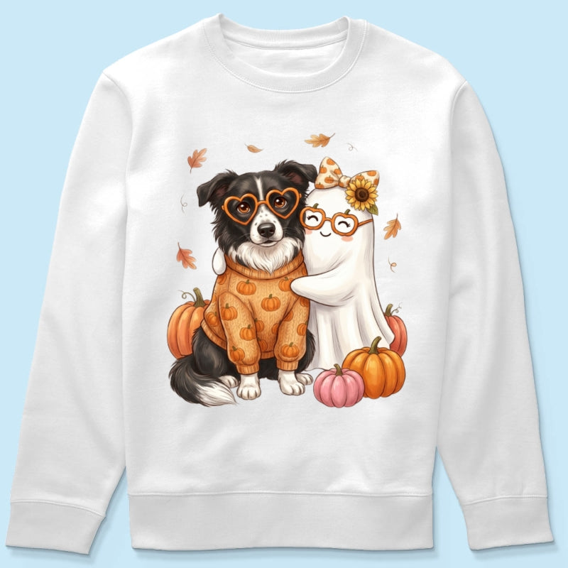 Cute Fall Dog Cat Hugging Ghost - Personalized Shirt - Trendy Fall Tee for Pet Lovers, Dog Mom, Cat Mom