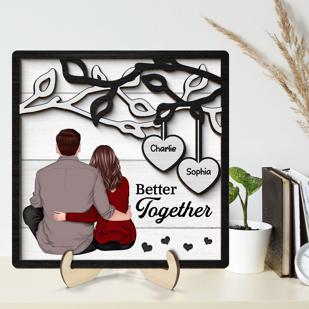 Back View Couple Sitting Under Tree Personalized 2-Layer Wooden Plaque