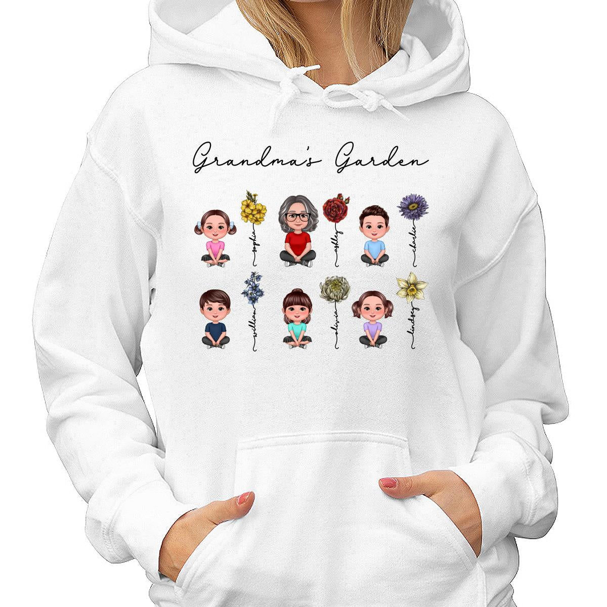 Grandma Grandkids Crossed Legs Sitting Vintage Birth Flower Personalized Shirt