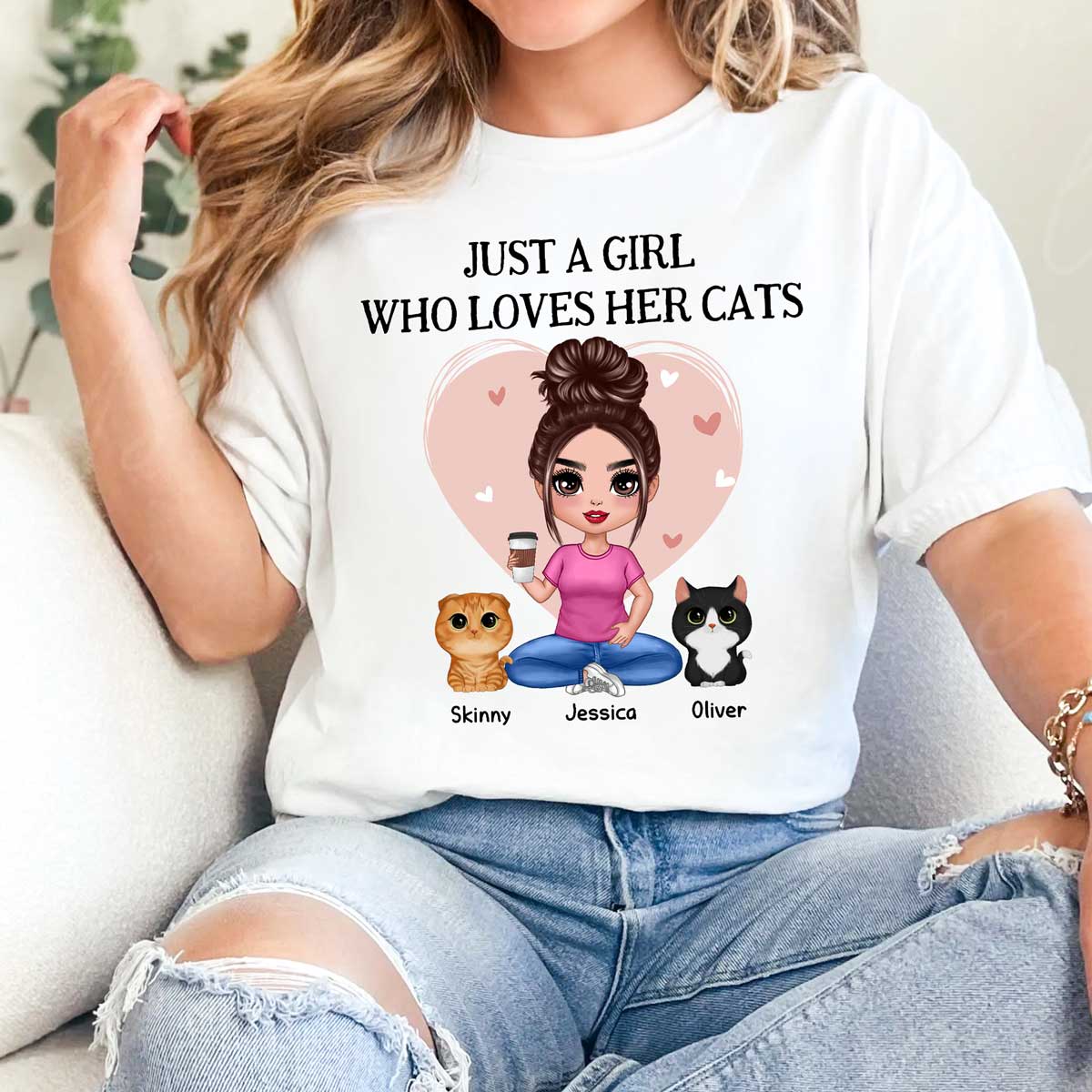 Pink Heart Just A Woman Who Loves Her Cats Personalized Shirt, Heartfelt 2025 Gift For Cat Moms, Cat Lovers