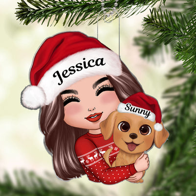 Dog Mom Hugging Dog Watercolor Personalized Acrylic Ornament