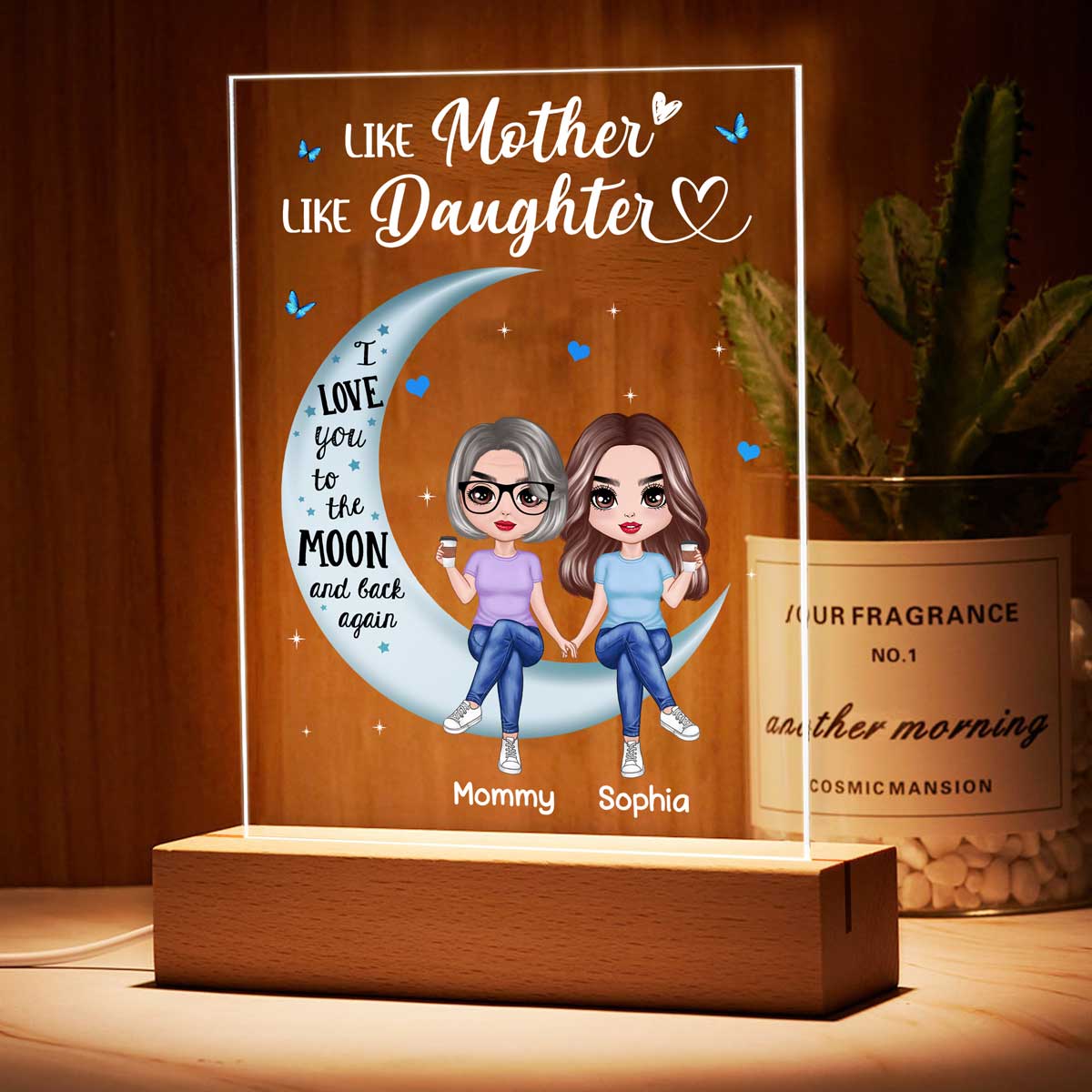 Doll Mom And Daughter Sitting On Moon I Love You To The Moon And Back Personalized Rectangle LED Night Light