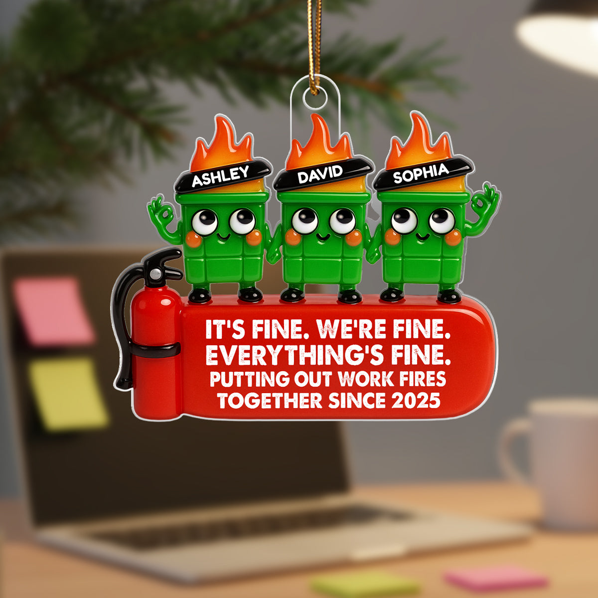 Coworkers Putting Out Work Fire Together Dumpster Fire - Personalized Acrylic Ornament - Funny Humor Christmas Gift for Coworkers, Colleagues