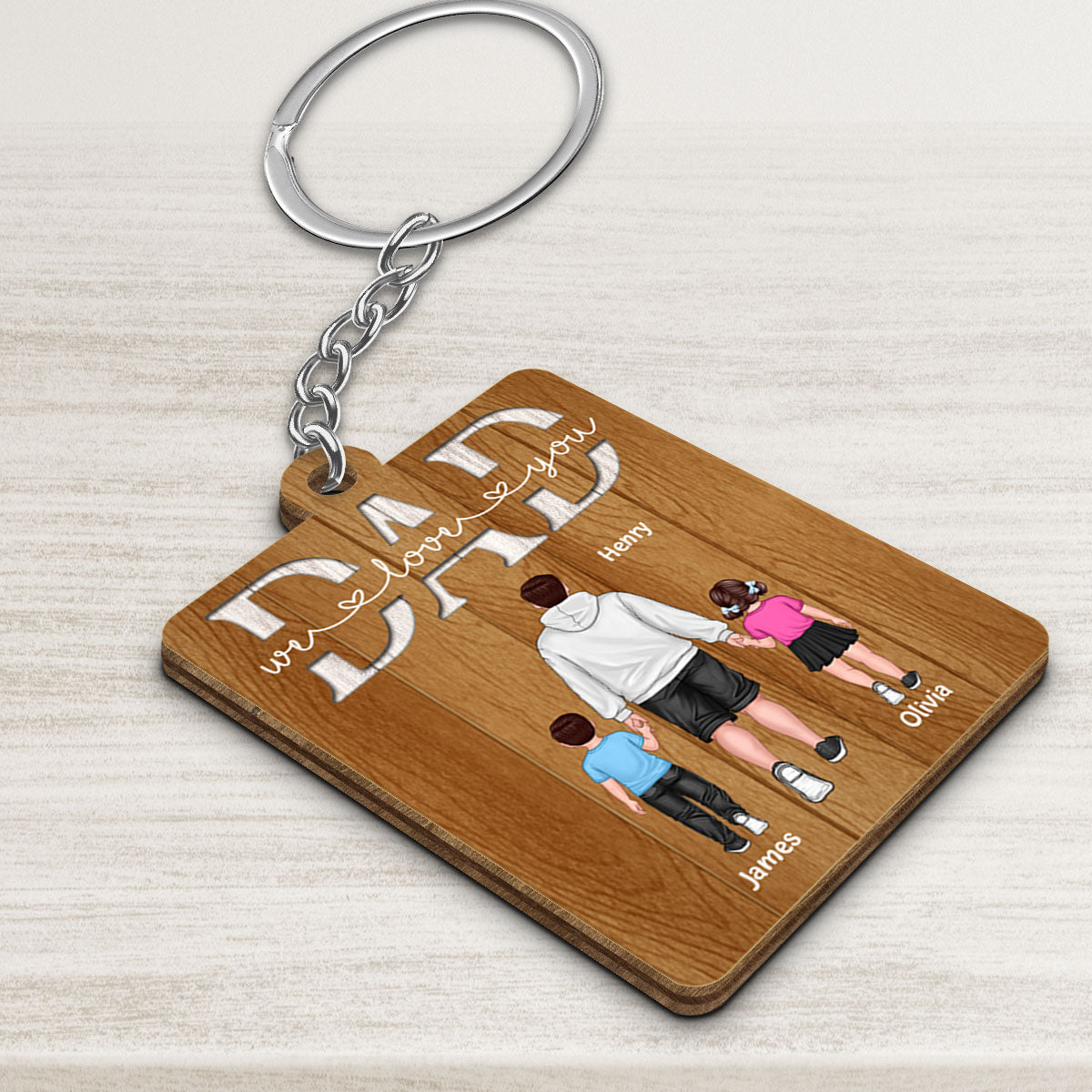 We Love You Dad Back View Dad And Kids Walking Personalized Wooden Keychain