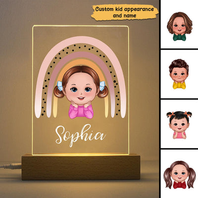 Rainbow Doll Kids Chin On Hands Personalized Rectangle Acrylic Plaque LED Lamp Night Light For Nursery Room Bedroom
