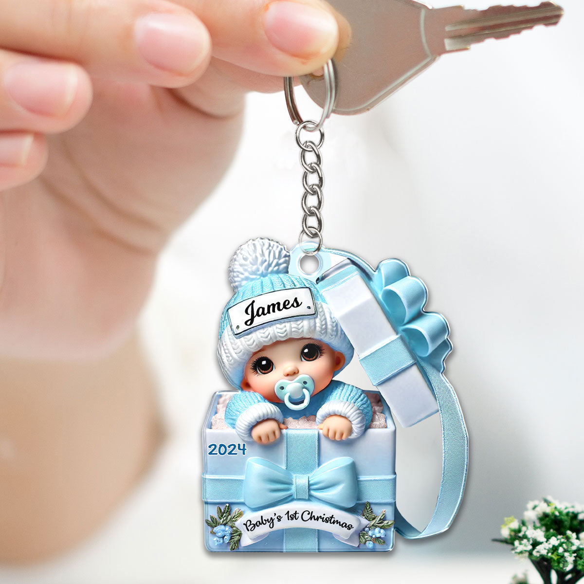 Baby Inside Gift Box Personalized Acrylic Keychain, Lovely Keepsake to Celebrate Baby's First Christmas, 2D Flat Ornament