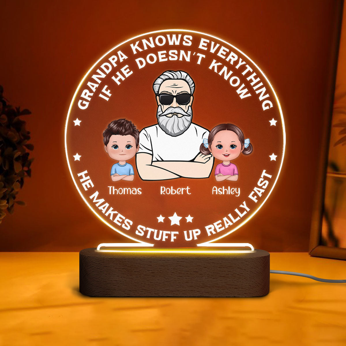 Grandpa Knows Everything Personalized Circle LED Night Light
