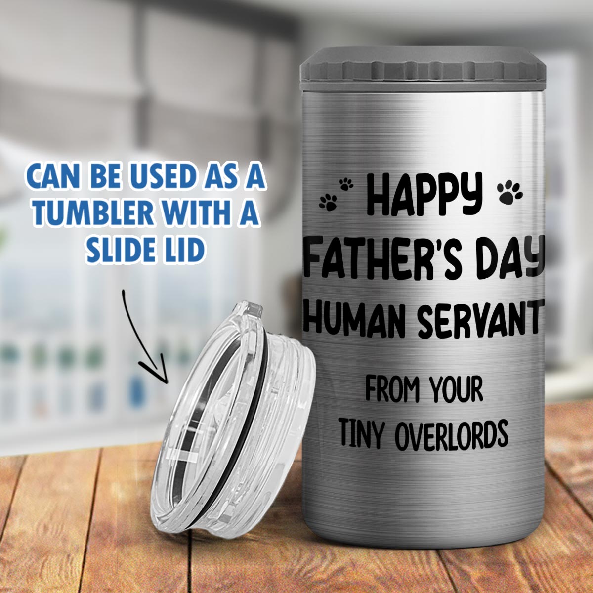 Happy Father‘s Day Human Servant Stacked Funny Cute Cat Gift For Cat Lover Personalized 4 In 1 Can Cooler