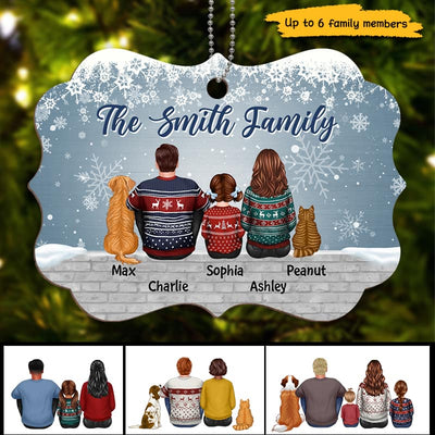 Family Dad Mom Kids Dogs Cats Snow Background Personalized Wooden Ornament