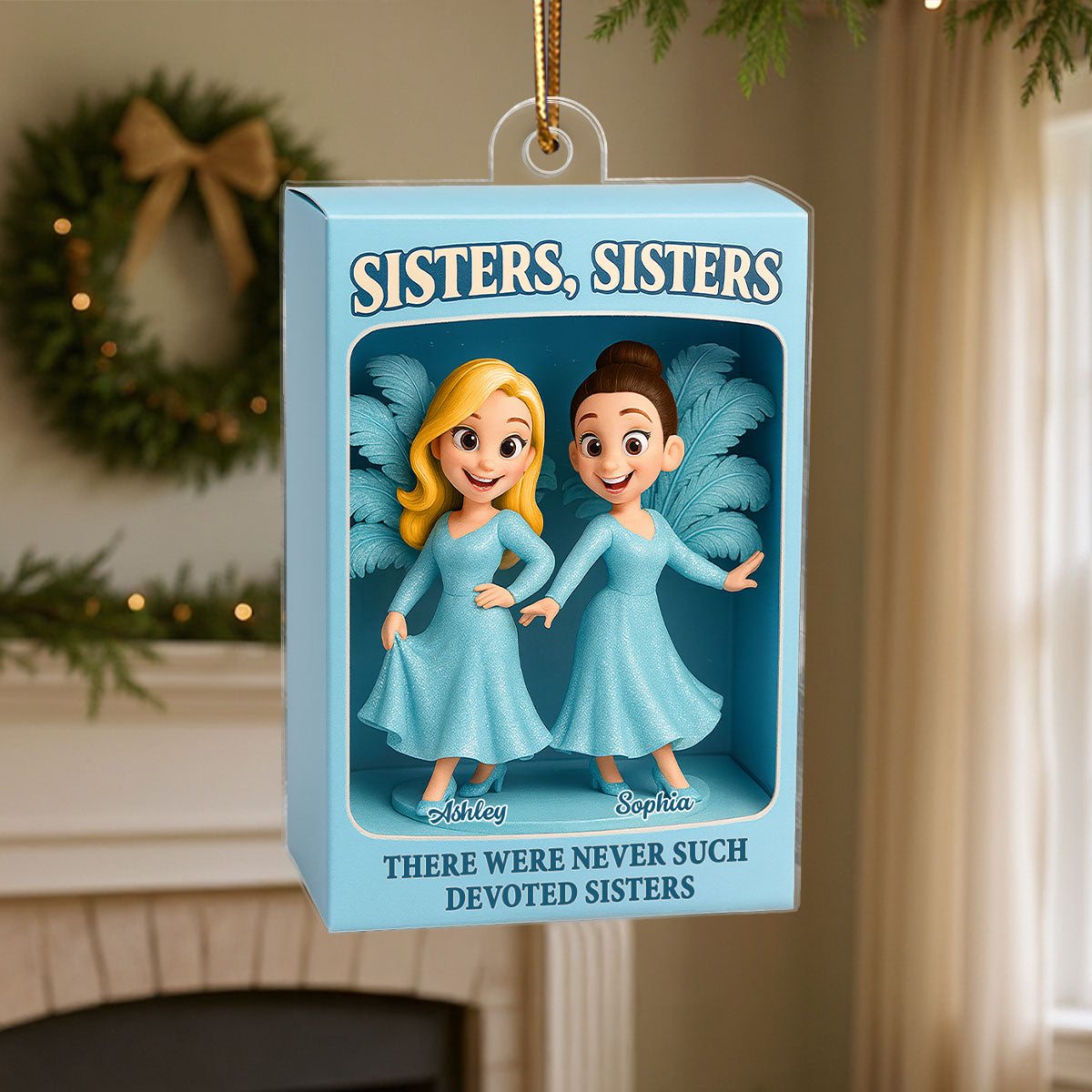 Sisters Besties in Blue Dress Custom Name Toy Box Figure Style Personalized Acrylic Ornament