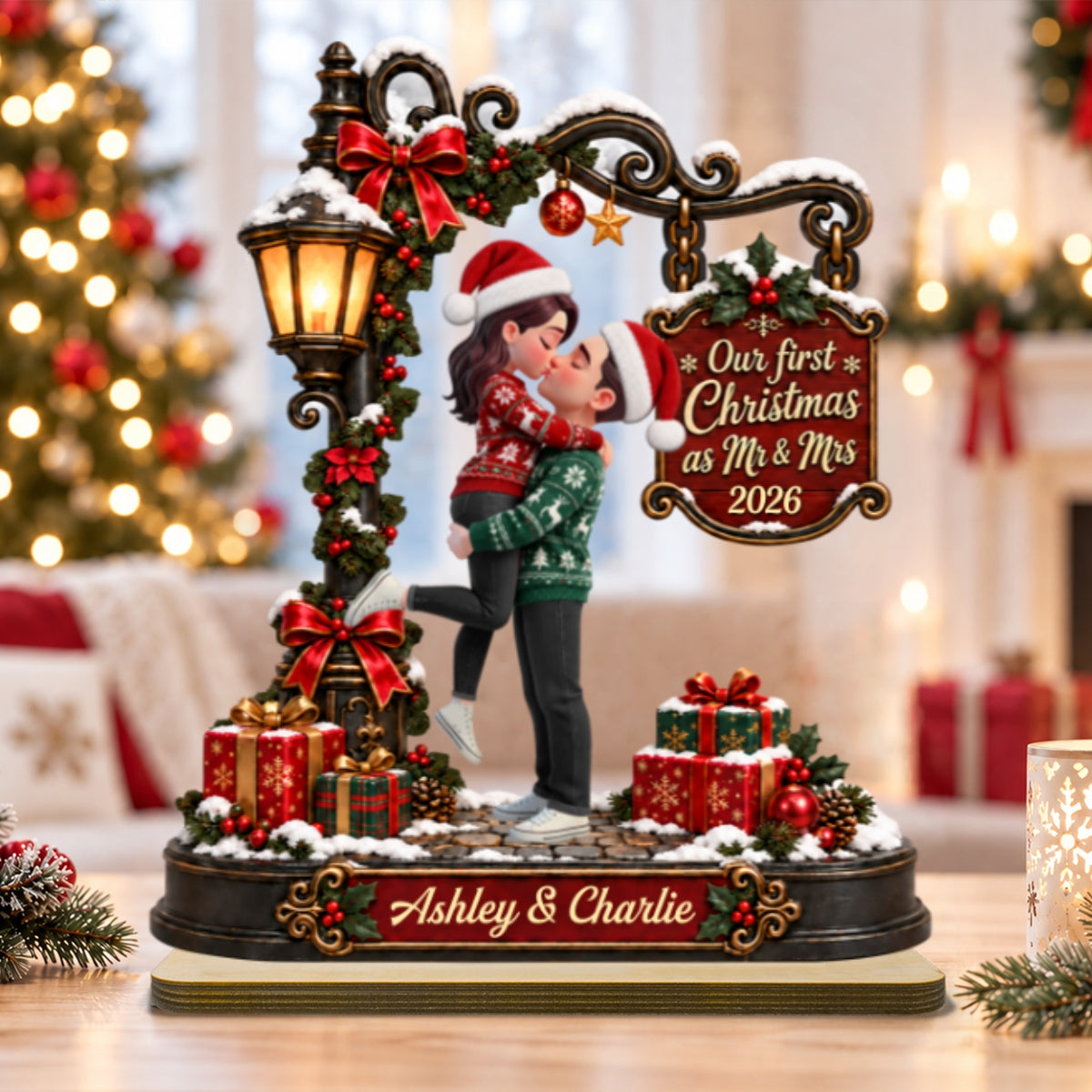 Eternal Love Couple Our First Christmas Together - Personalized 2-Layered Wooden Plaque - Christmas Gift, Anniversary Gift For Couple, For Him, For Her, Christmas Tabletop Decor