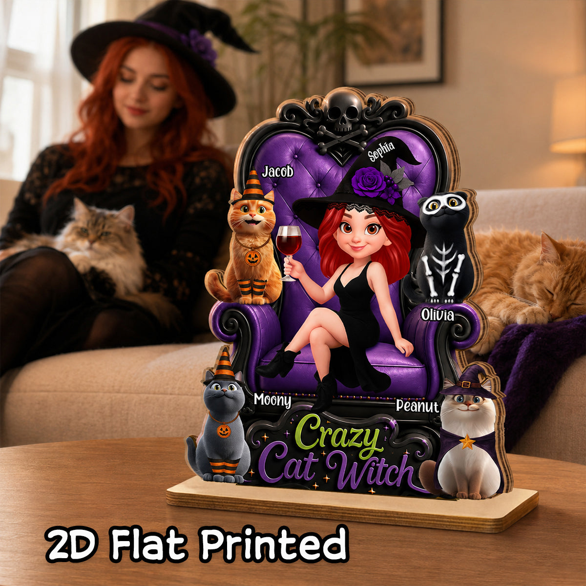 Crazy Cat Witch Halloween - Personalized 2-Layered Wooden Plaque - Halloween Decor for Cat Lovers
