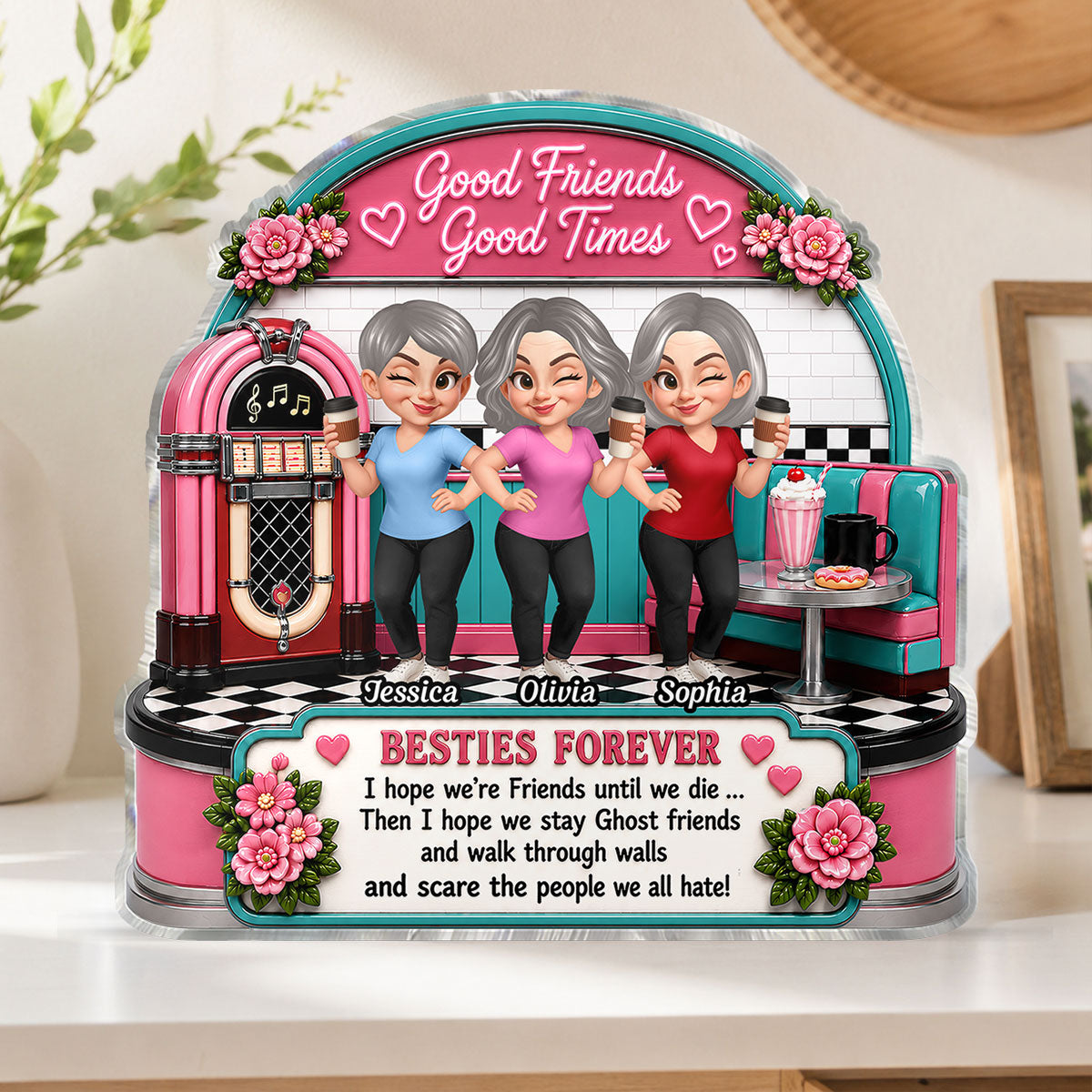 Besties Coffee Date Good Times Good Friends Best Memories Together - Personalized 2-Layered Wooden Plaque - Birthday Gift, Gift For Best Friends