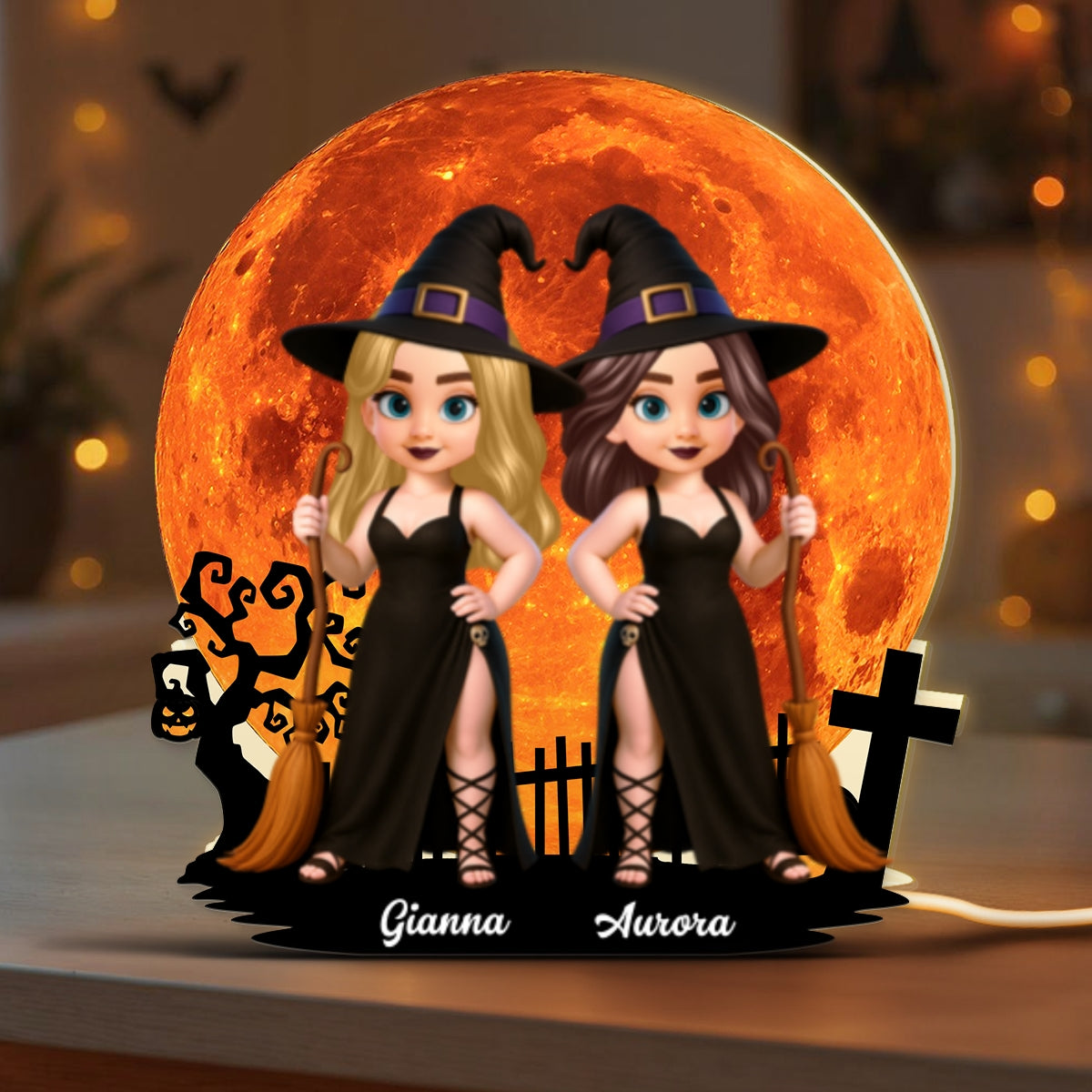 Cartoon Pretty Witch Under Halloween Moon Wicca Pagan Decor Personalized Light Box, Gift For Her