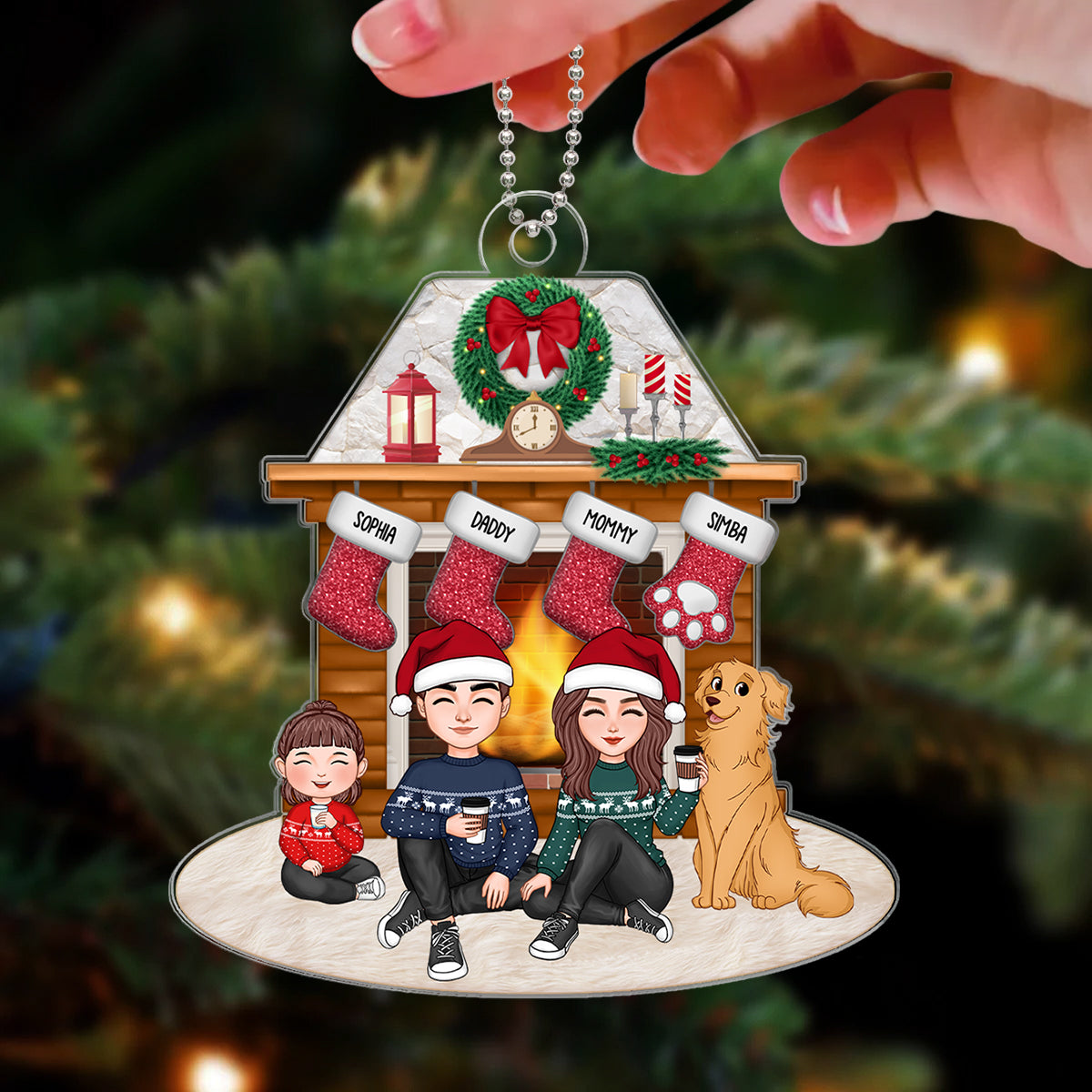 Christmas Fireplace Christmas Wreath Cute Whole Family Dad Mom Kids Dogs Cats Personalized Acrylic Ornament