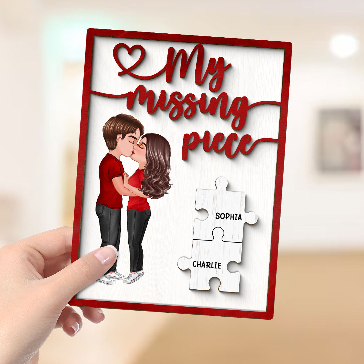 My Missing Piece Couple Kissing Red Themed Valentine‘s Day Gift For Her Gift For Him Personalized 2-Layer Wooden Plaque
