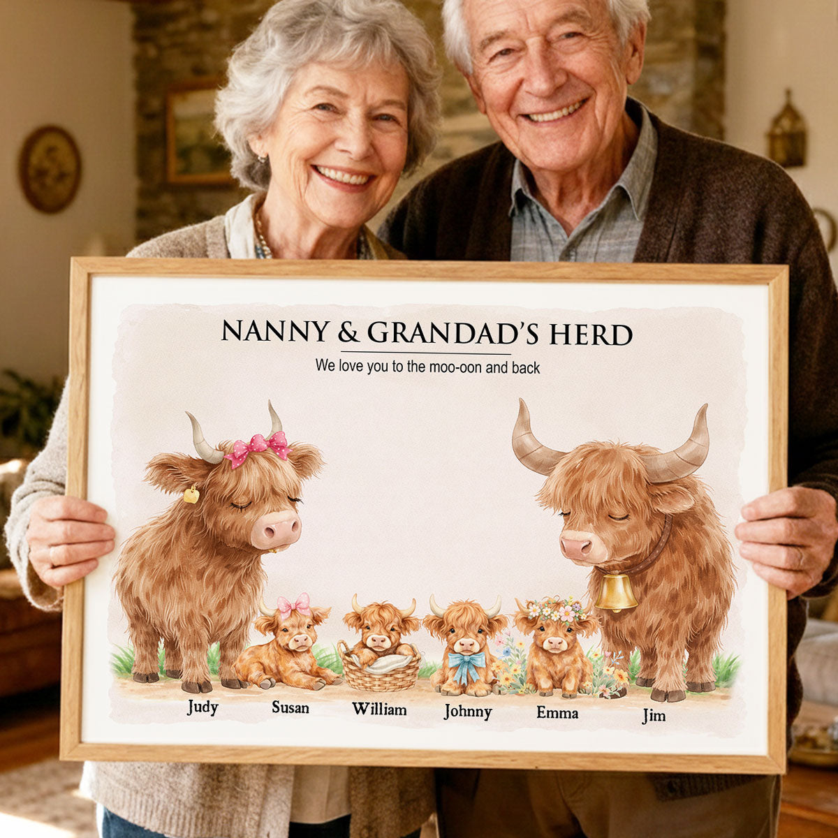 Nanny & Grandad's Herd Highland Cow Family - Personalised Poster - UK Mother's Day Gift for Grandma, Grandpa