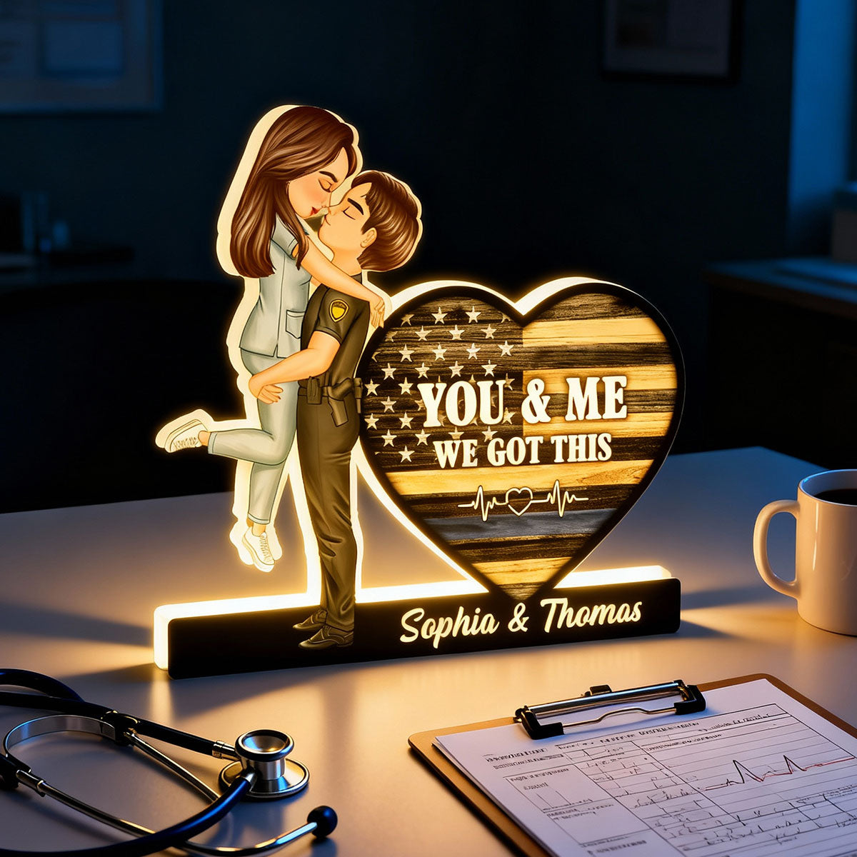 Hero Couple Kissing You & Me We Got This Job Occupation Flag Heart - Personalized Light Box